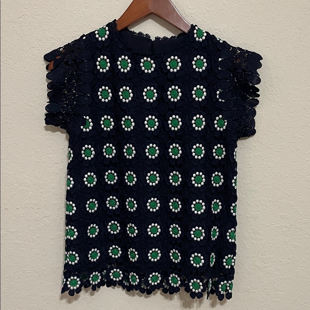 J. Crew Blue and Green Crochet Floral Top